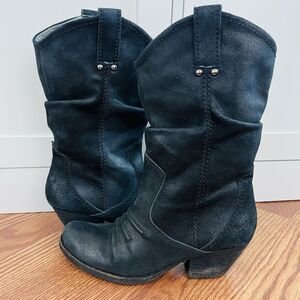 BCBG Holland Black Leather Slouchy Block Heel Country Western Boots Womens 7B